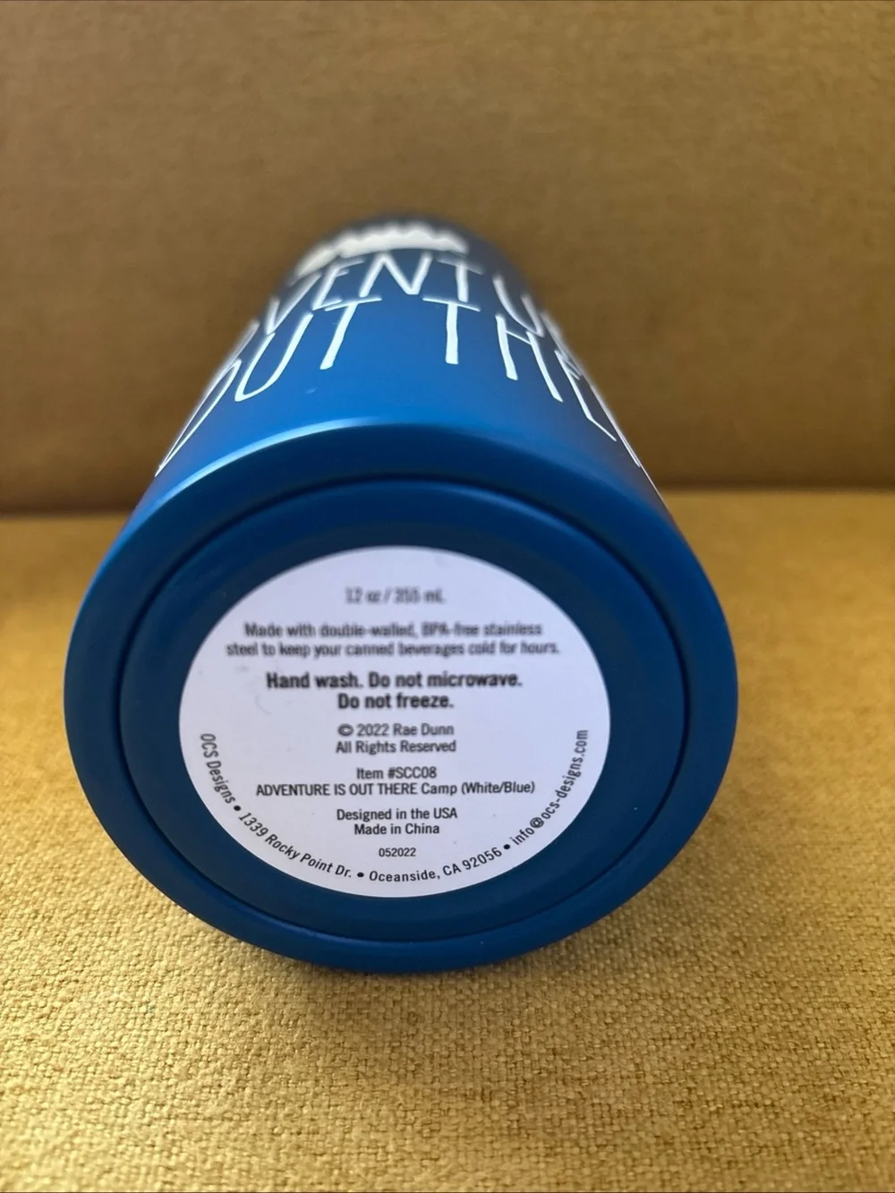 RAE DUNN “ADVENTURE IS OUT THERE” Slim-Can Cooler Stainless Steel 12oz BLUE -NEW